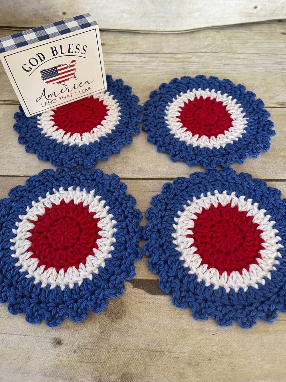 Patriotic Handmade Crochet Red White & Royal Blue Coasters 5 1/2 In. Set of 4